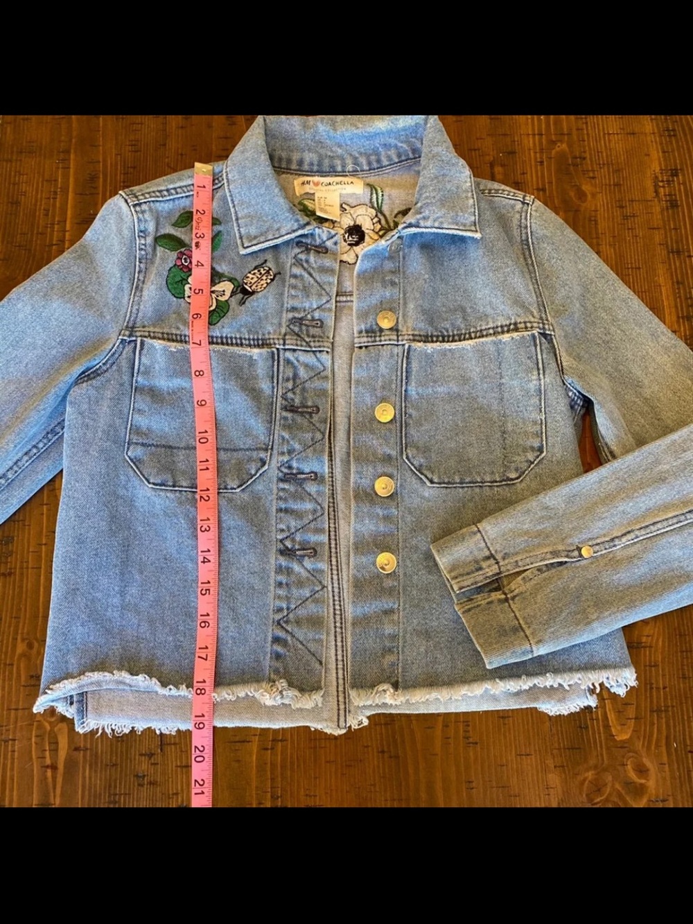 H&M Coachella floral boho embroidered Jean jacket distressed sz4/small EUC - Picture 5 of 14